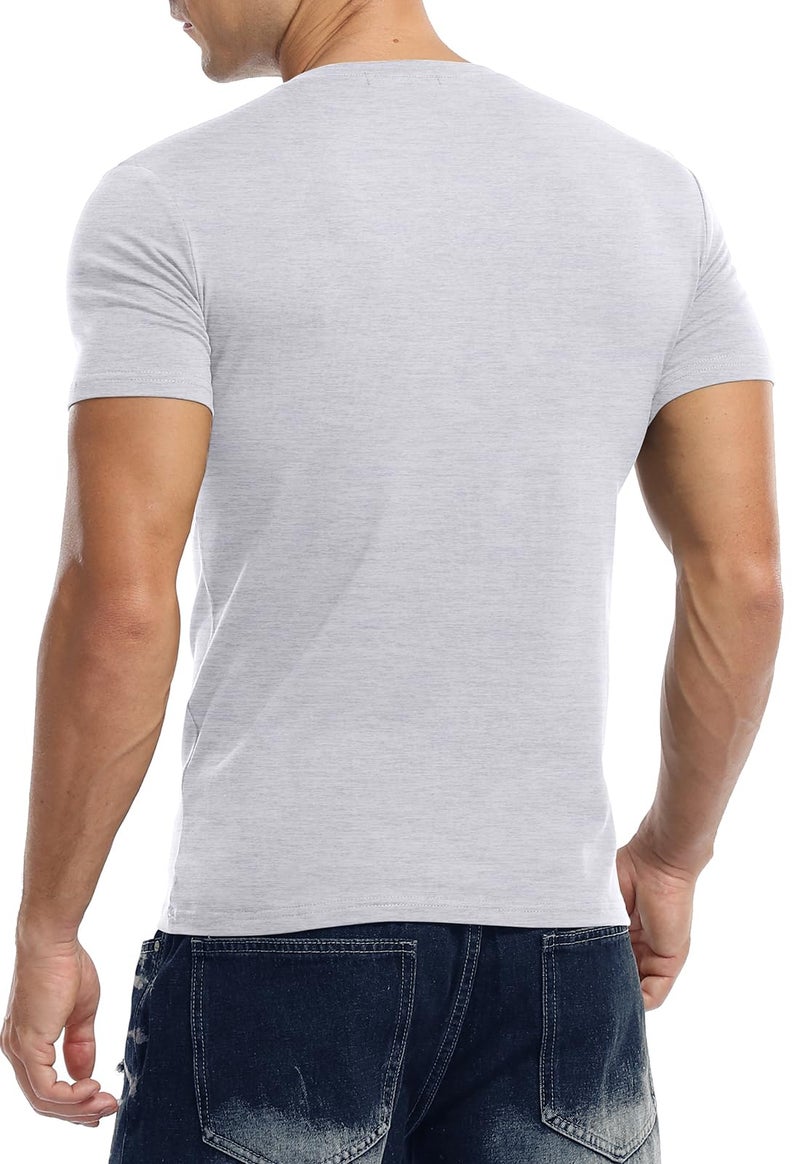 KUYIGO Mens Summer Casual Short Sleeve Henley T-Shirt 2 Button Placket Plain V Neck Slim Fit Shirts Grey Large - Image 5